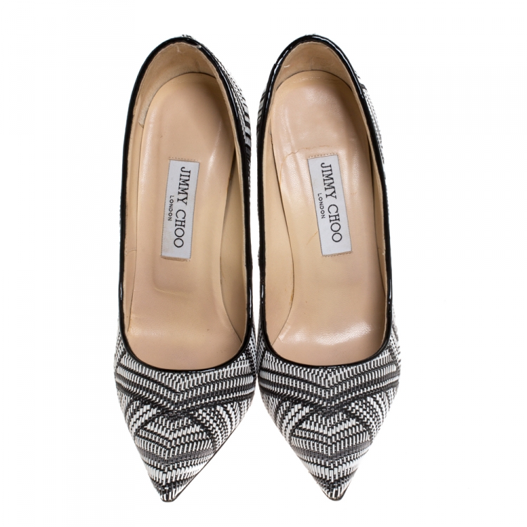 Pre Owned Jimmy Choo Black/White Geometric Print Woven Fabric Abel Pumps Size 38.5
