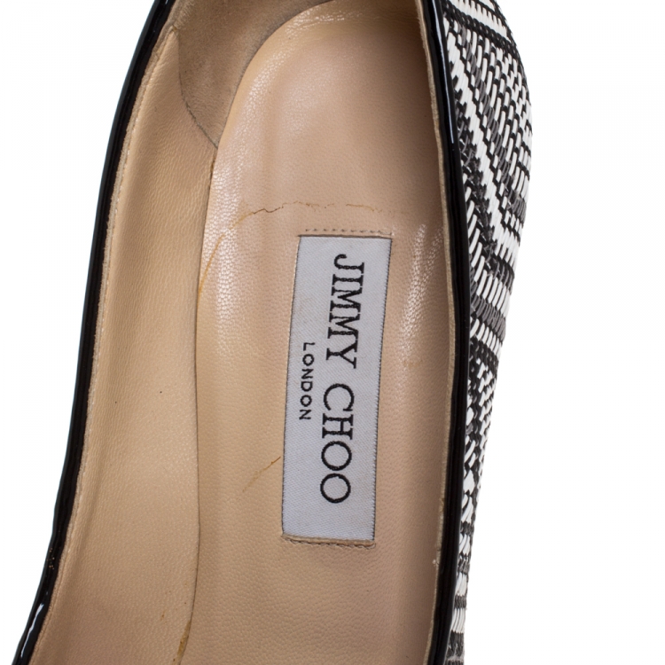 Pre Owned Jimmy Choo Black/White Geometric Print Woven Fabric Abel Pumps Size 38.5