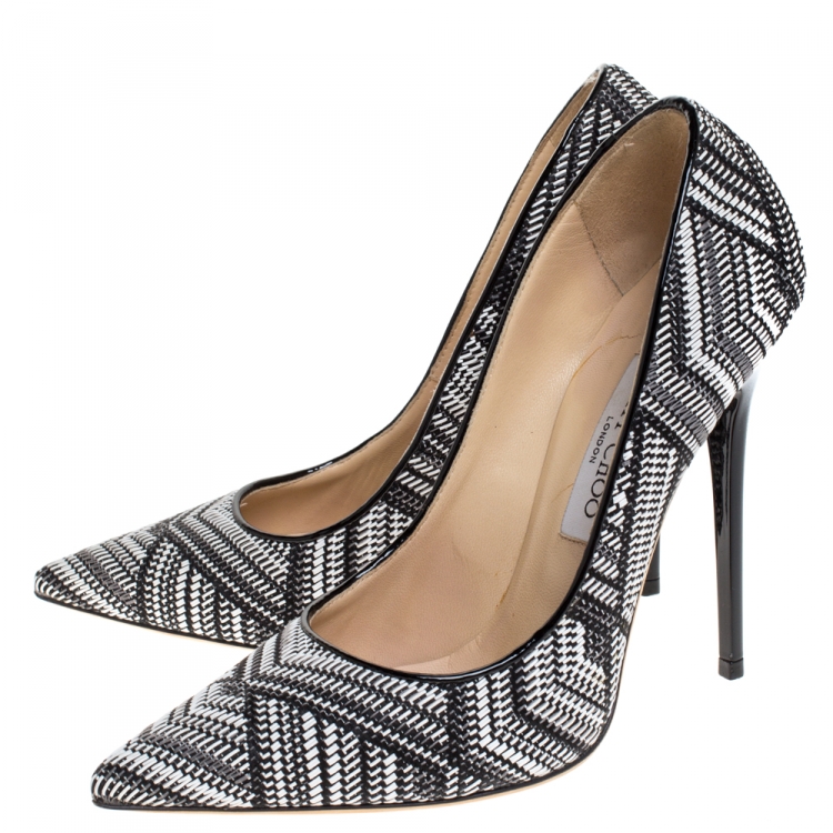 Pre Owned Jimmy Choo Black/White Geometric Print Woven Fabric Abel Pumps Size 38.5