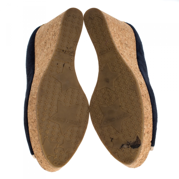 Pre Owned Jimmy Choo Navy Blue Suede Papina Cork Wedge Pumps Size 38.5