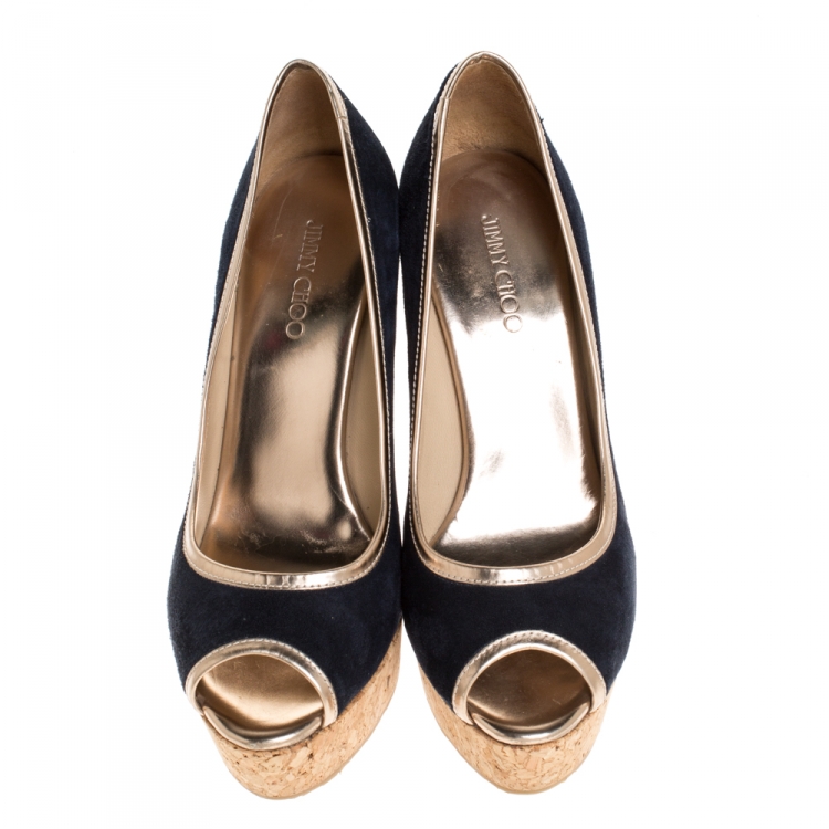 Pre Owned Jimmy Choo Navy Blue Suede Papina Cork Wedge Pumps Size 38.5