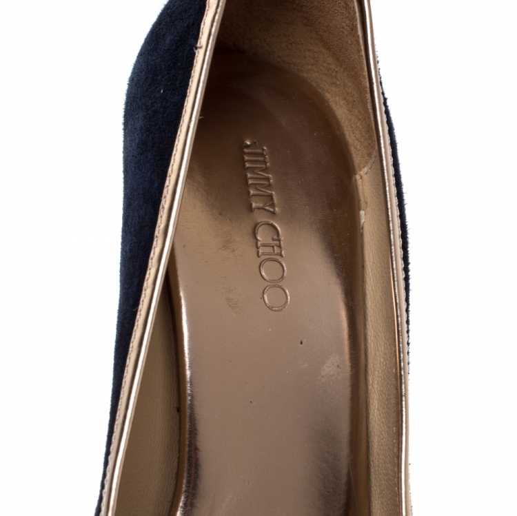 Pre Owned Jimmy Choo Navy Blue Suede Papina Cork Wedge Pumps Size 38.5