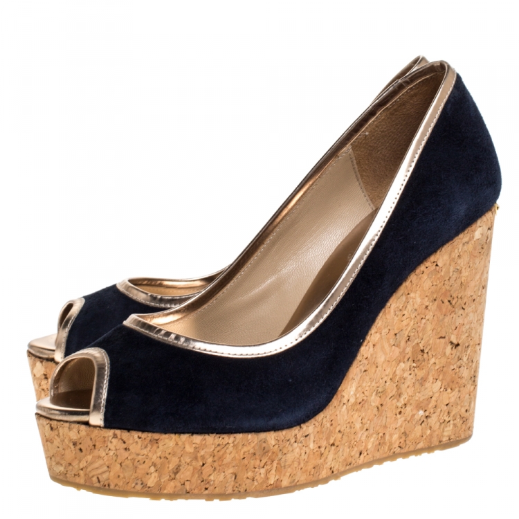 Pre Owned Jimmy Choo Navy Blue Suede Papina Cork Wedge Pumps Size 38.5