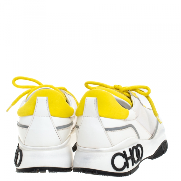 Pre Owned Jimmy Choo White/Yellow Leather And Neoprene Raine Sneakers Size 38