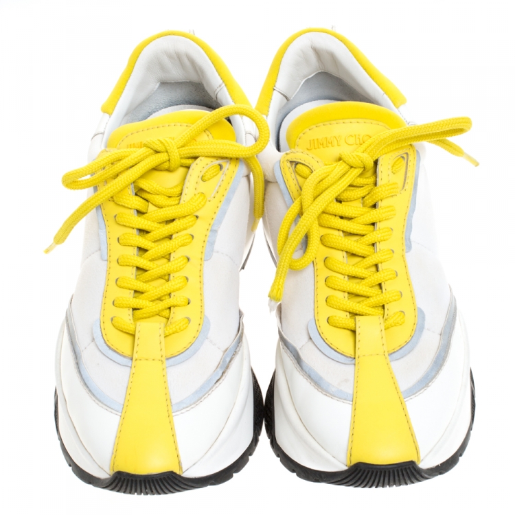 Pre Owned Jimmy Choo White/Yellow Leather And Neoprene Raine Sneakers Size 38