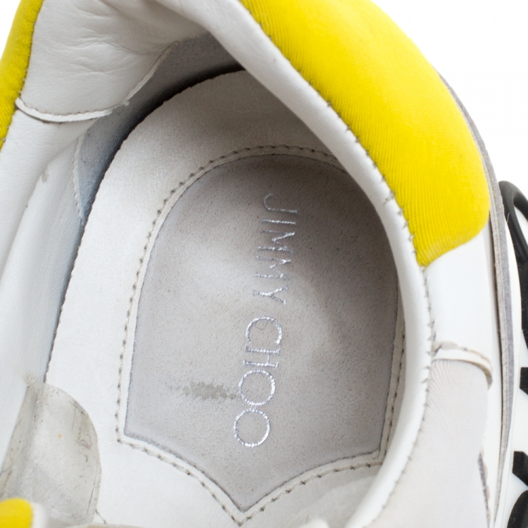 Pre Owned Jimmy Choo White/Yellow Leather And Neoprene Raine Sneakers Size 38