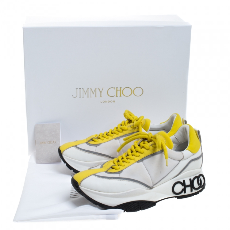 Pre Owned Jimmy Choo White/Yellow Leather And Neoprene Raine Sneakers Size 38