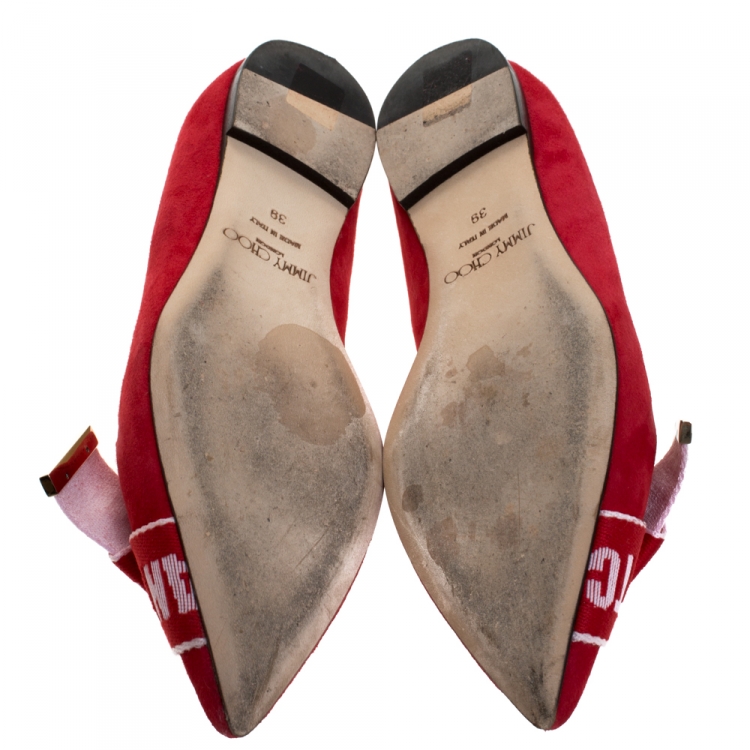 Pre Owned Jimmy Choo Red Suede Logo Bow Gleam Pointed Ballet Flats Size 39