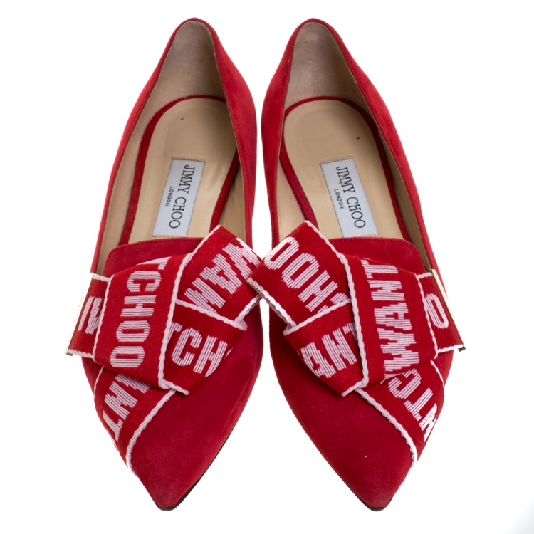 Pre Owned Jimmy Choo Red Suede Logo Bow Gleam Pointed Ballet Flats Size 39