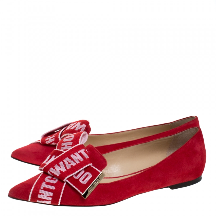 Pre Owned Jimmy Choo Red Suede Logo Bow Gleam Pointed Ballet Flats Size 39