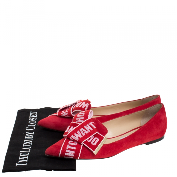 Pre Owned Jimmy Choo Red Suede Logo Bow Gleam Pointed Ballet Flats Size 39