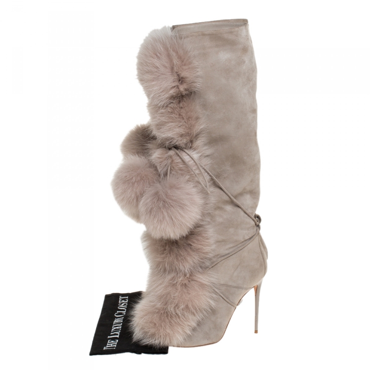 Pre Owned Jimmy Choo Grey Suede And Fox Fur Deeta 110 Knee Length Boots Size 40