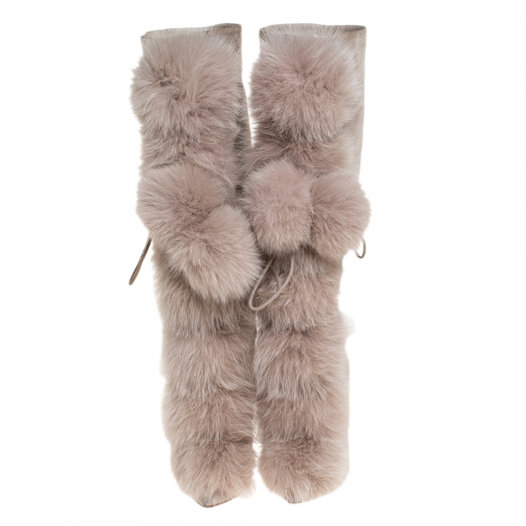 Pre Owned Jimmy Choo Grey Suede And Fox Fur Deeta 110 Knee Length Boots Size 40
