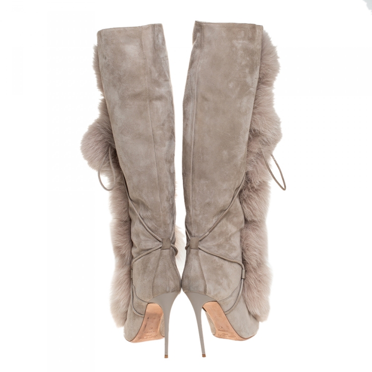 Pre Owned Jimmy Choo Grey Suede And Fox Fur Deeta 110 Knee Length Boots Size 40