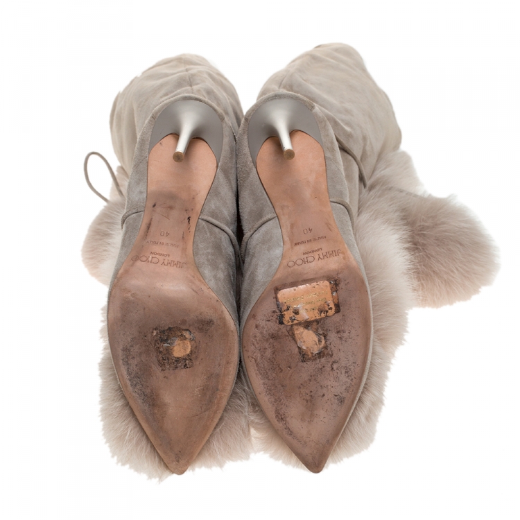 Pre Owned Jimmy Choo Grey Suede And Fox Fur Deeta 110 Knee Length Boots Size 40
