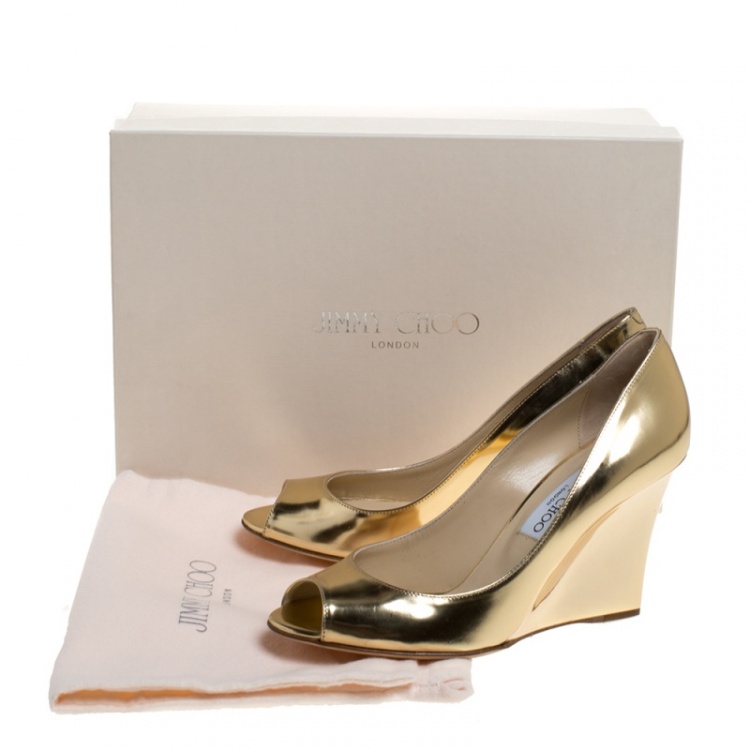Pre Owned Jimmy Choo Metallic Gold Leather Baxen Peep Toe Wedge Pumps 37