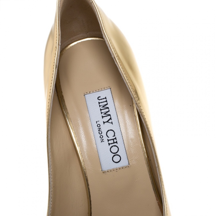 Pre Owned Jimmy Choo Metallic Gold Leather Baxen Peep Toe Wedge Pumps 37
