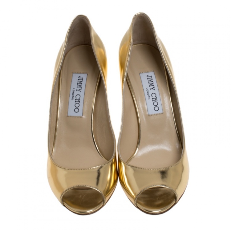 Pre Owned Jimmy Choo Metallic Gold Leather Baxen Peep Toe Wedge Pumps 37