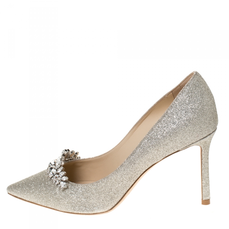 Jimmy Choo Gold Glitter Crystal Embellished Romy Pointed Toe Pumps