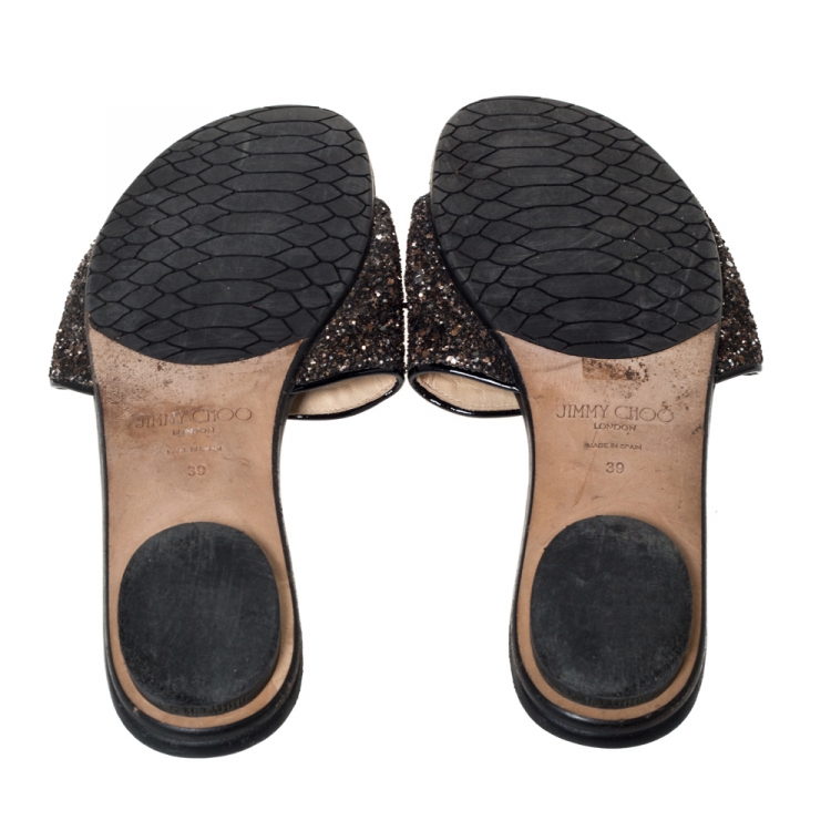 Pre Owned Jimmy Choo Metallic Brown Coarse Glitter Nanda Flat Slides Size 39
