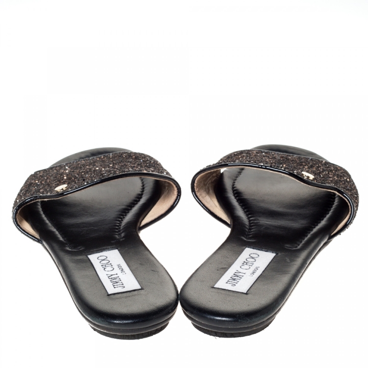Pre Owned Jimmy Choo Metallic Brown Coarse Glitter Nanda Flat Slides Size 39
