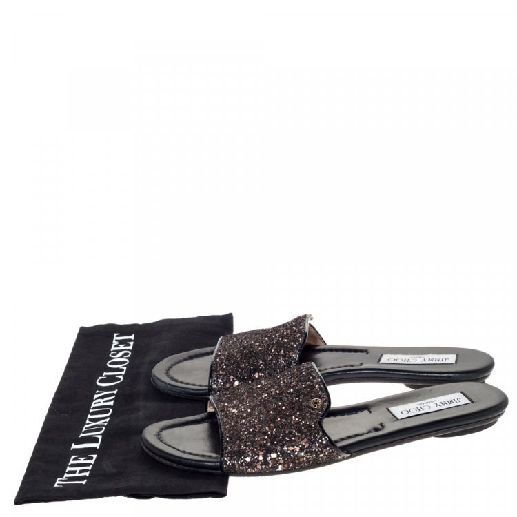 Pre Owned Jimmy Choo Metallic Brown Coarse Glitter Nanda Flat Slides Size 39
