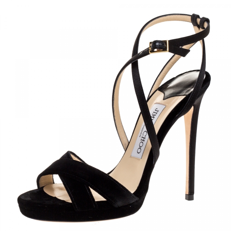 Jimmy Choo Black Velvet And Satin Lola Ankle Strap Sandals Jimmy