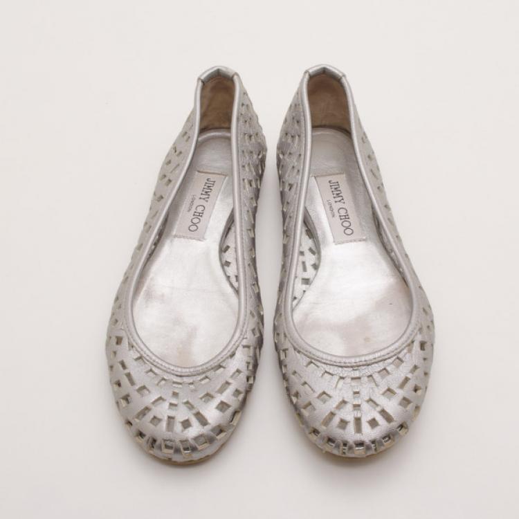 Pre Owned Jimmy Choo Metallic 'Wells' Confetti Cutout Flats Size 37.5