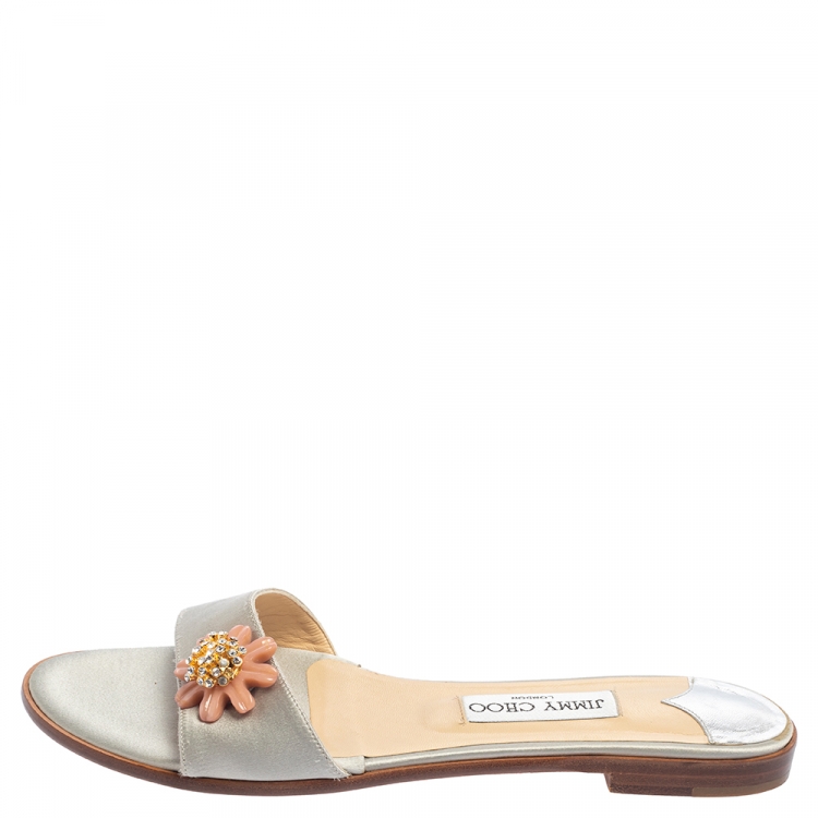Pre Owned Jimmy Choo Grey Satin Embellished Flat Slides Size 39