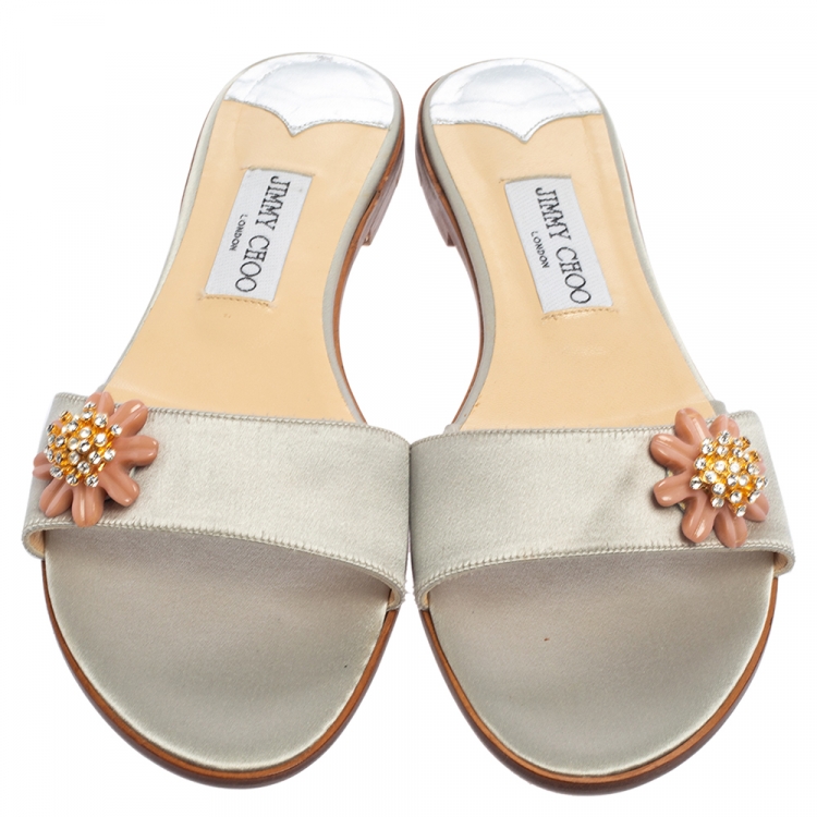 Pre Owned Jimmy Choo Grey Satin Embellished Flat Slides Size 39