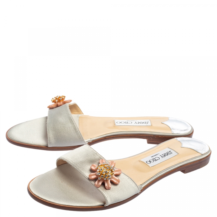 Pre Owned Jimmy Choo Grey Satin Embellished Flat Slides Size 39