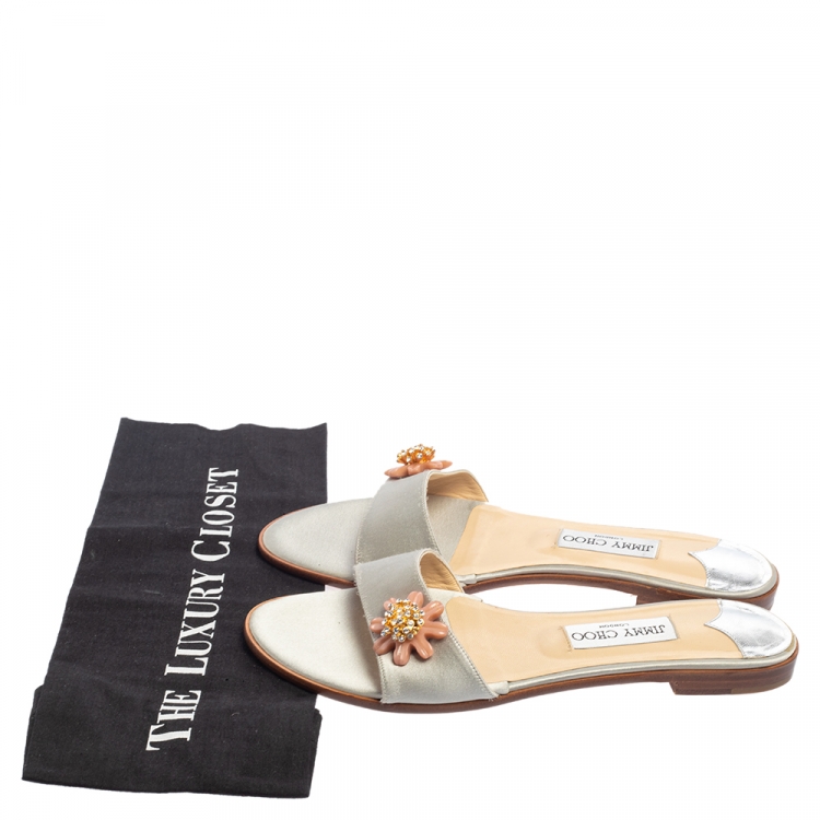 Pre Owned Jimmy Choo Grey Satin Embellished Flat Slides Size 39