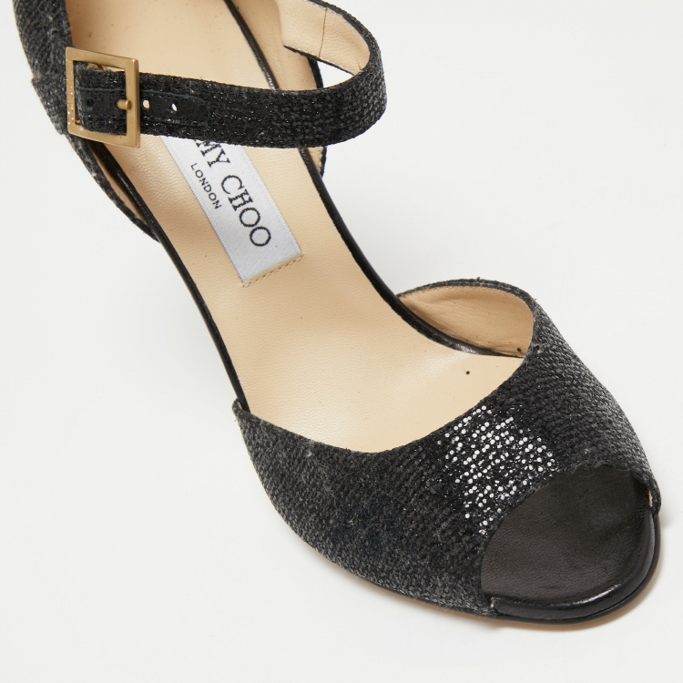 Pre Owned Jimmy Choo Black Coarse Glitter Peep Toe Ankle Strap Pumps Size 40.5
