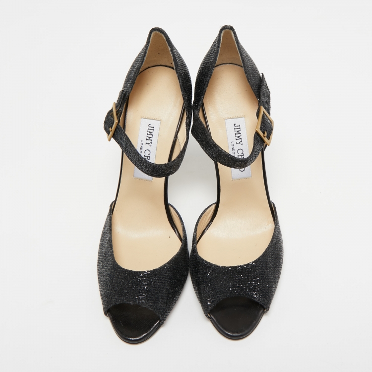 Pre Owned Jimmy Choo Black Coarse Glitter Peep Toe Ankle Strap Pumps Size 40.5