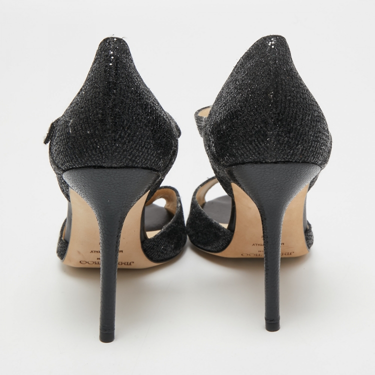 Pre Owned Jimmy Choo Black Coarse Glitter Peep Toe Ankle Strap Pumps Size 40.5
