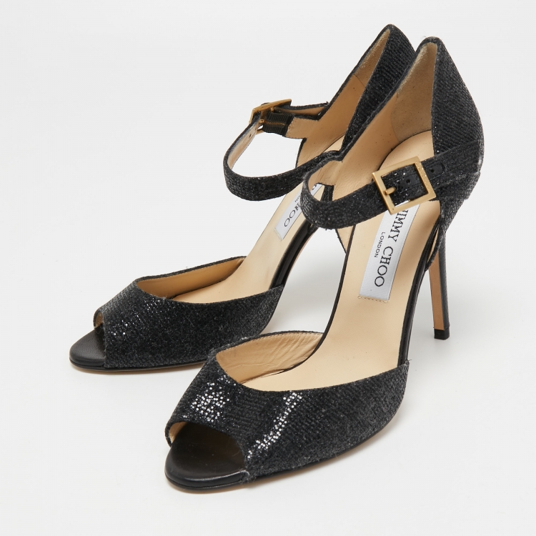Pre Owned Jimmy Choo Black Coarse Glitter Peep Toe Ankle Strap Pumps Size 40.5