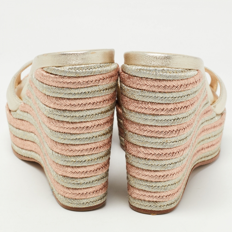 Pre Owned Jimmy Choo Gold Leather Prima Wedge Slide Sandals Size 36