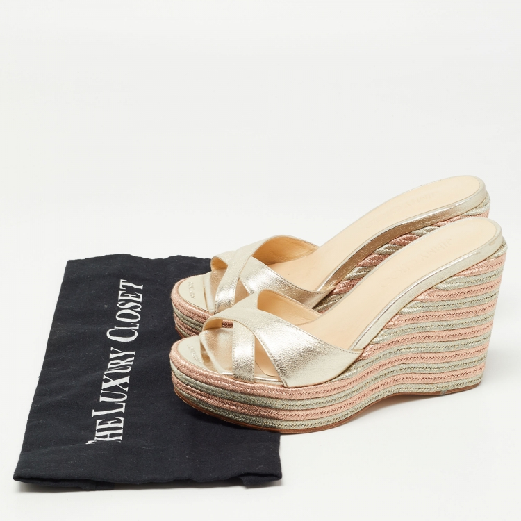 Pre Owned Jimmy Choo Gold Leather Prima Wedge Slide Sandals Size 36