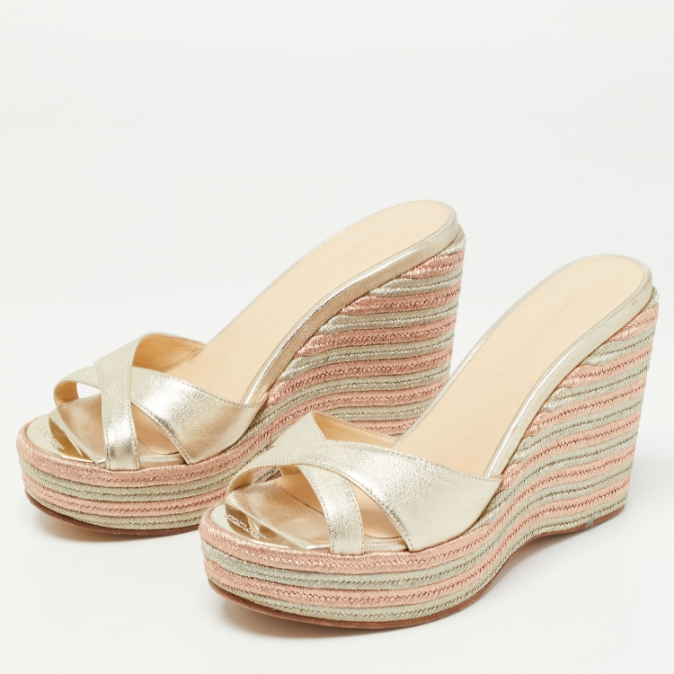 Pre Owned Jimmy Choo Gold Leather Prima Wedge Slide Sandals Size 36