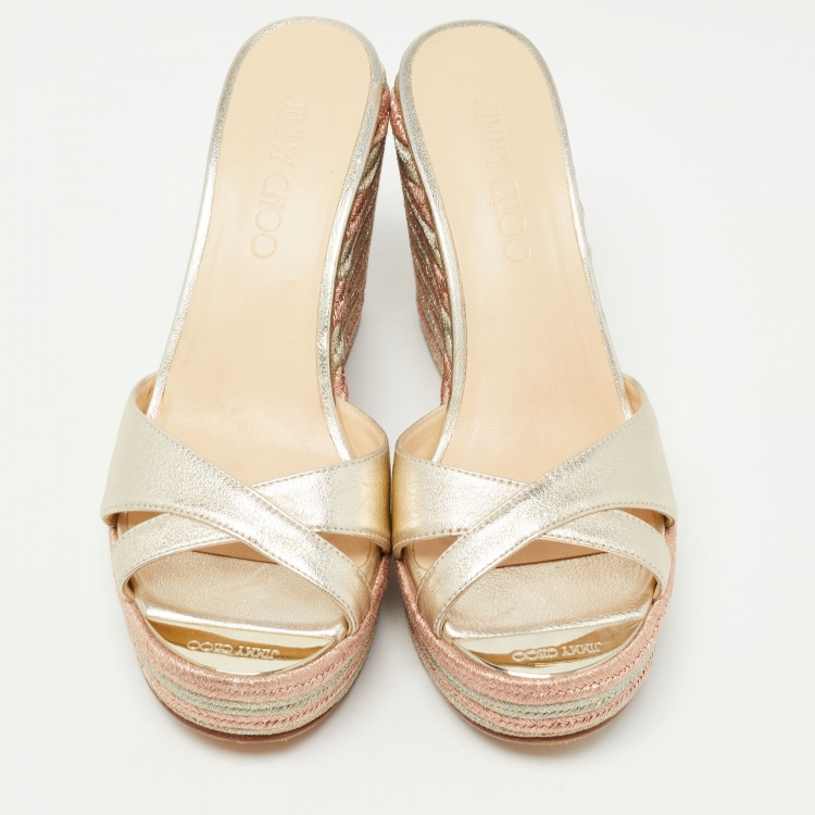 Pre Owned Jimmy Choo Gold Leather Prima Wedge Slide Sandals Size 36