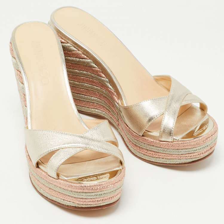 Pre Owned Jimmy Choo Gold Leather Prima Wedge Slide Sandals Size 36