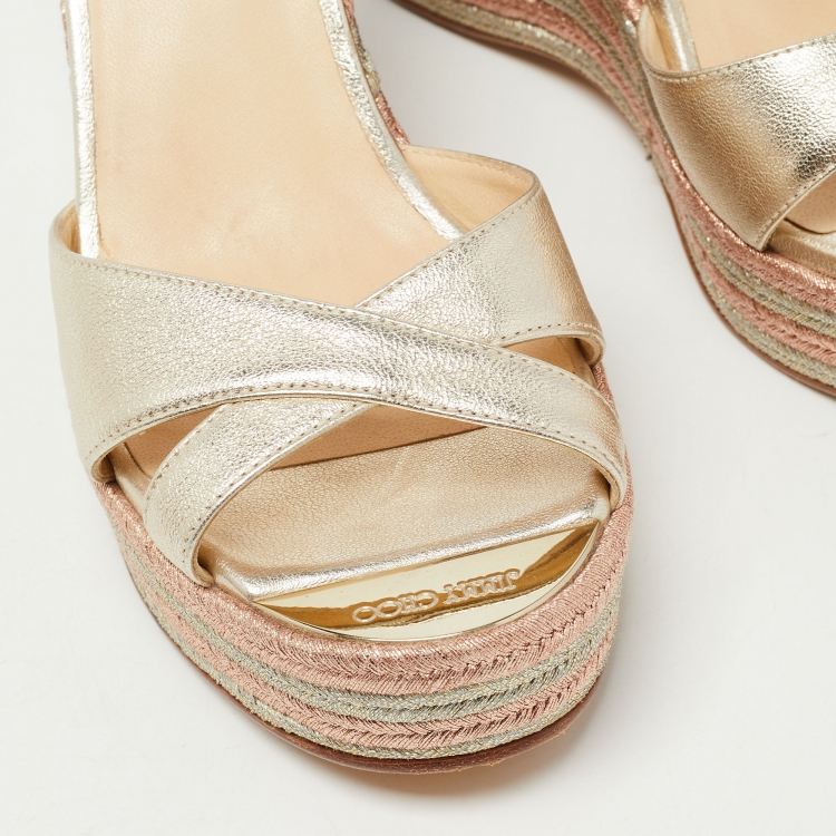 Pre Owned Jimmy Choo Gold Leather Prima Wedge Slide Sandals Size 36