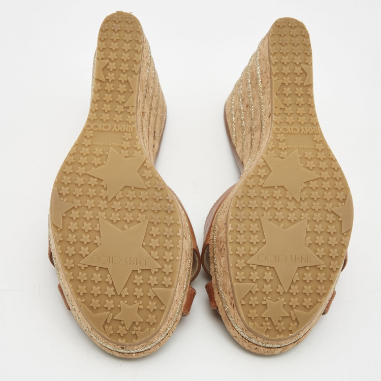 Pre Owned Jimmy Choo Brown Leather Prima Wedge Sandals Size 38