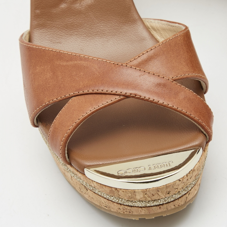 Pre Owned Jimmy Choo Brown Leather Prima Wedge Sandals Size 38