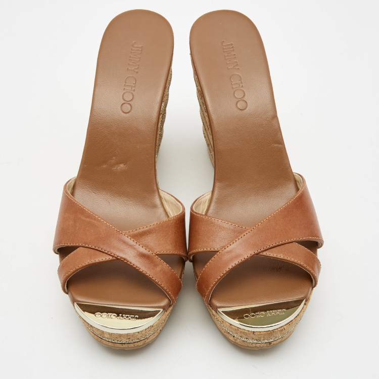 Pre Owned Jimmy Choo Brown Leather Prima Wedge Sandals Size 38