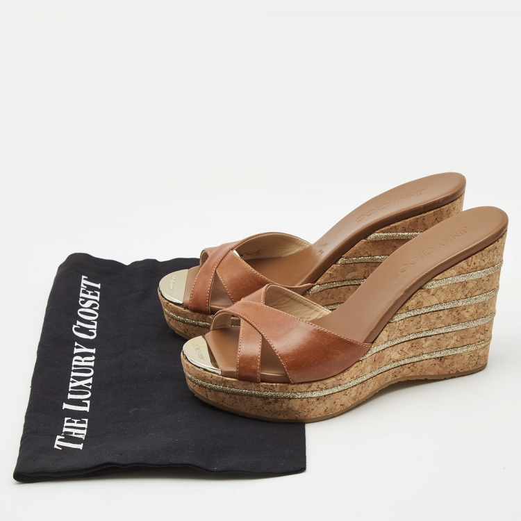 Pre Owned Jimmy Choo Brown Leather Prima Wedge Sandals Size 38
