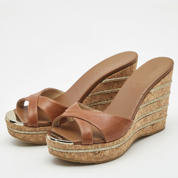 Pre Owned Jimmy Choo Brown Leather Prima Wedge Sandals Size 38