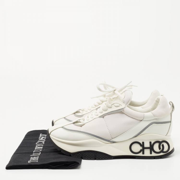 Pre Owned Jimmy Choo White Leather and Neoprene Raine Sneakers Size 37