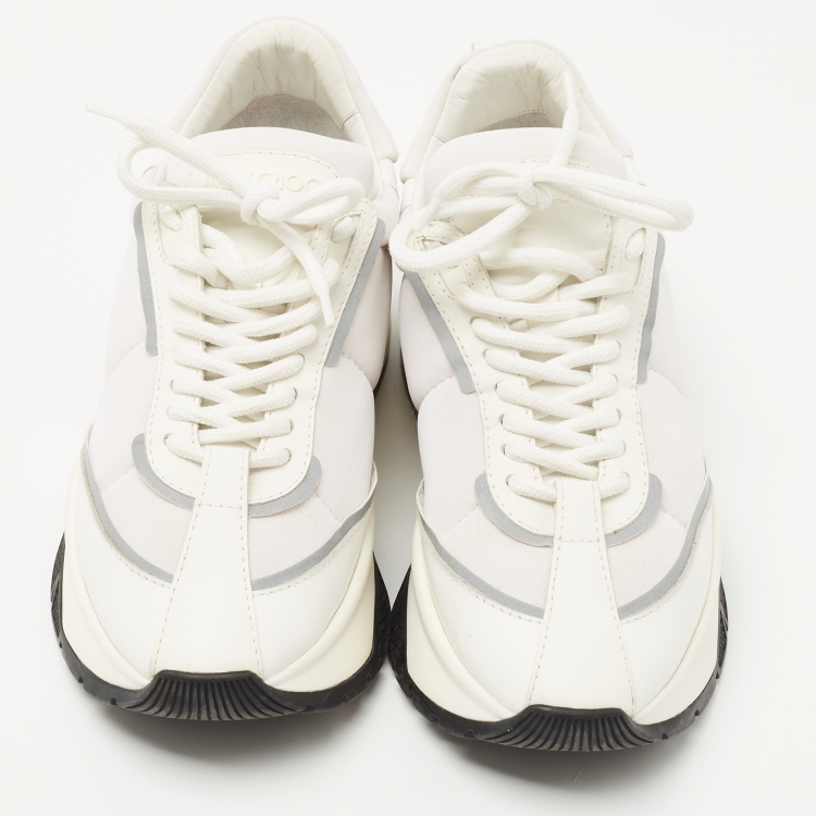 Pre Owned Jimmy Choo White Leather and Neoprene Raine Sneakers Size 37