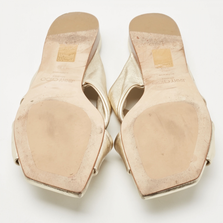 Pre Owned Jimmy Choo Gold Leather Crisscross Slide Flats Size 39.5
